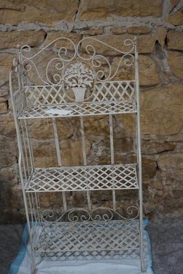 VINTAGE THREE SHELF PAINTED WHITE METAL PLANT STAND WITH POTTED PLANT CUT OUT. VERY SWEET