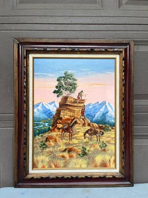 No Title Beautiful Landscape with Two Indian Scouts and Horses.