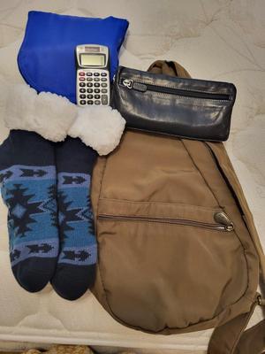SHOULDER PACK, SLIPPER SOCKS, LEATHER PURSE, SHOPPING BAG AND CALCULATOR