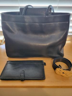 NAVY BLUE LEATHER PURSE, WALLET AND BELT