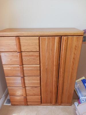 UNIQUE SOLID WOOD CHEST OF DRAWERS WITH SHELVES BEHIND CABINET DOORS