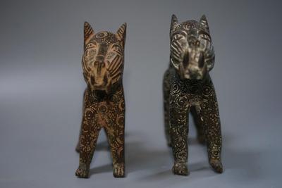 BRONZE STANDING DOGS /EMBOSSED CIRCLES/ FRONT TEETH PAWS AND TAILS. UNIQUE SCULPTURES