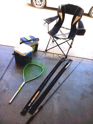 OZARK TRAIL FOLDING CHAIR, 2 COOLERS, FISHING POLES AND NET