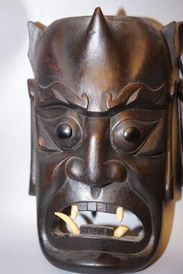 CHINESE RITUAL MASKS OF CARVED WOOD BLACK EBONY FINISH TEETH