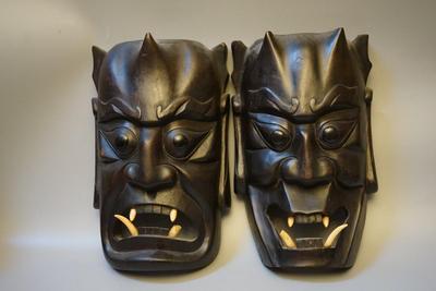 CHINESE RITUAL MASKS OF CARVED WOOD BLACK EBONY FINISH TEETH