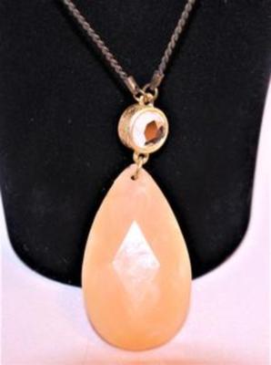 Large Faceted Pink Teardrop Stone with Mirror Circle & Small Bead Accents 32" L