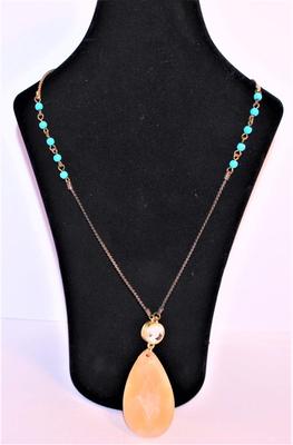 Large Faceted Pink Teardrop Stone with Mirror Circle & Small Bead Accents 32" L
