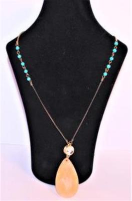 Large Faceted Pink Teardrop Stone with Mirror Circle & Small Bead Accents 32" L