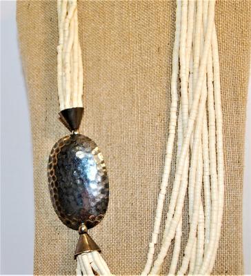 Oval Silver Tone Puffed Metal Accent Necklace with a White Beads 10-String 26" L