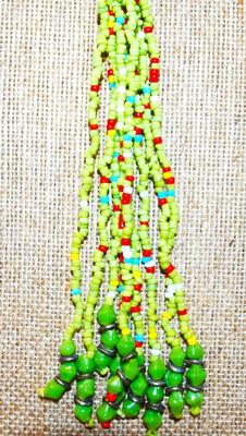 Lots of Greens Necklace with Red Speckle Beads and Dangles 36" L