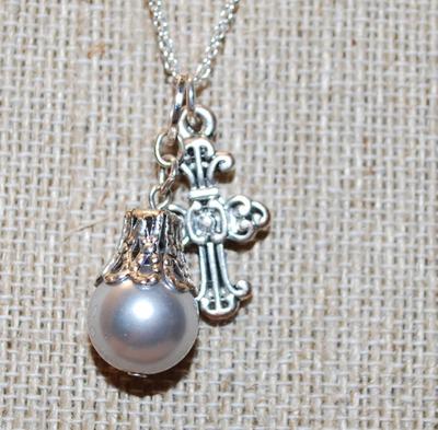 Faux Pearl & Cross PENDANTS (1") on an Adjustable Necklace Chain 14"-18" L