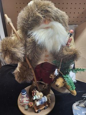 REINDEER CANDLE HOLDER CENTERPIECE, FUR COVERED SANTA AND MANY BOWS