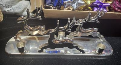 REINDEER CANDLE HOLDER CENTERPIECE, FUR COVERED SANTA AND MANY BOWS