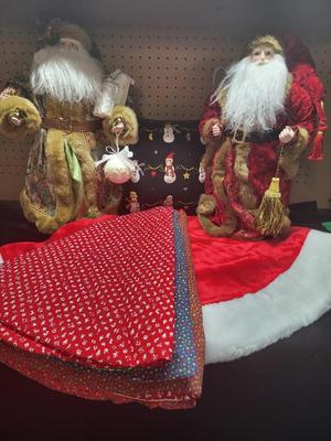 2 OLD WORLD TYPE SANTAS, TREE SKIRTS AND MORE
