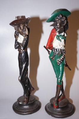 PAIR OF NOUVEAU ERA ITALIAN BRONZE "SINISTER MANNER" FIGURES CANDLEHOLDERS OF 14" SIGNED