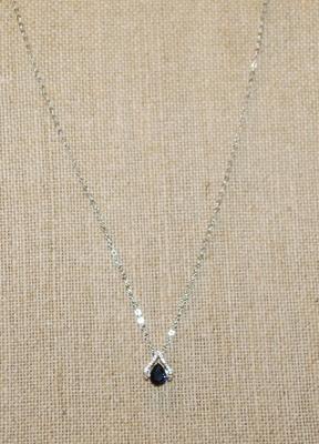 "V" Shaped Surround with a Pear Cut Deep Blue Stone PENDANT (½" x ½") on a Silver Tone Necklace Chain 17" L