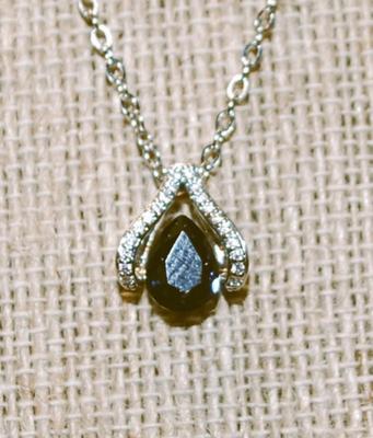 "V" Shaped Surround with a Pear Cut Deep Blue Stone PENDANT (½" x ½") on a Silver Tone Necklace Chain 17" L