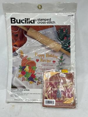 Bucilla Stamped Cross-Stitch Apron and Miniature Scarecrow Cross-Stitch