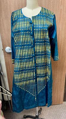 2-piece Woman's Stitched Linen Embroidered Suit, Aqua Marine & Gold