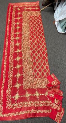 Long Rectangular Red & Gold Embroidered Tablecloth and 7 napkins