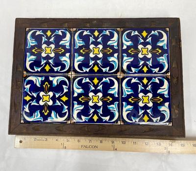 Vintage Framed Ceramic Tile Trivet Cobalt Blue Yellow and White