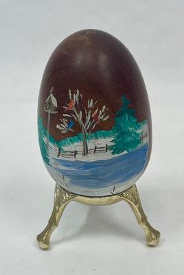 Vintage Wooden Egg with farm scene hand painted design signed