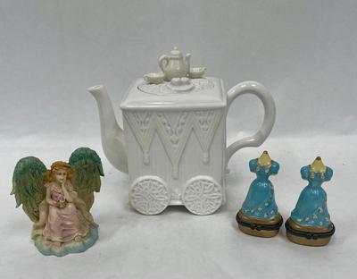 Home Decor Lot - Vintage Teapot, Angel Figurine, 2 Limoge style Trinket boxes
