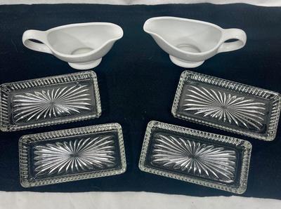 Kitchen Dining Lot - 4 rectangular crystal plates & 2 White Ceramic Small Pitchers