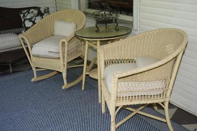 VINTAGE WICKER CHAIR SET ROCKER AND STRAIGHT LEG W/ MATCHING ROUND TOP TABLE PAINTED A LEMON YELLOW