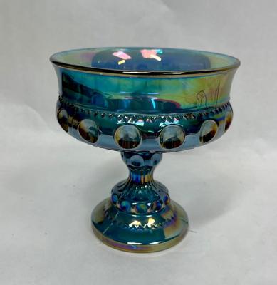 Vintage Indiana Carnival Glass Kings Crown Iridescent Blue Compote