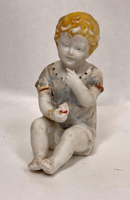 Antique Vintage Bisque Porcelain Figurine Child Baby sitting with fruit