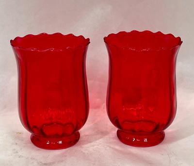 Pair of Red Glass Tulip Shaped Candle Holders