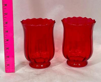 Pair of Red Glass Tulip Shaped Candle Holders