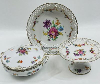 Schumann Dresden Pierced Porcelain Floral Bowl, Casserole, Cake Plate pink purple yellow