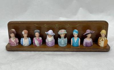 Avon 1980 Collection of Lady Head Thimbles with display shelf
