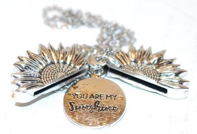 Double Sided OPENS to "You Are My Sunshine" -- All Silver Tone Sun PENDANT (1" Diameter) on a Silver Tone Necklace Chain...