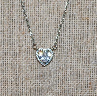 Clear Heart Stone Inside a Heart Shaped Stone Surround PENDANT (½" x ½ ") on a Silver Tone Necklace Chain 17" L