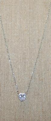 Clear Heart Stone Inside a Heart Shaped Stone Surround PENDANT (½" x ½ ") on a Silver Tone Necklace Chain 17" L
