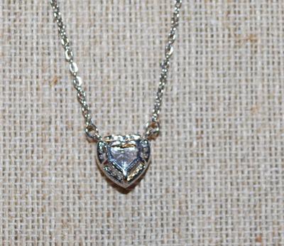 Clear Heart Stone Inside a Heart Shaped Stone Surround PENDANT (½" x ½ ") on a Silver Tone Necklace Chain 17" L