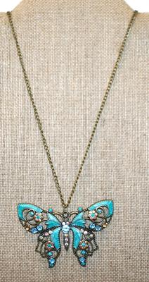 Large Blues Bejeweled Butterfly PENDANT (3" x 1¾") on a Long Brass Colored Necklace Chain 31" L