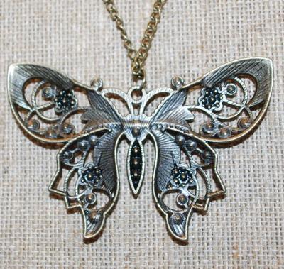Large Blues Bejeweled Butterfly PENDANT (3" x 1¾") on a Long Brass Colored Necklace Chain 31" L