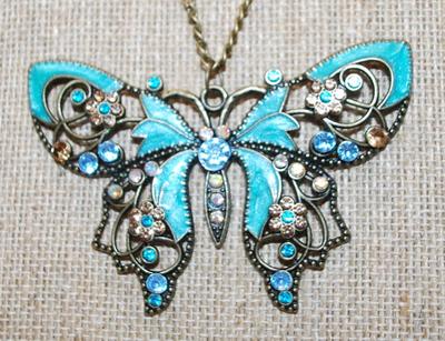 Large Blues Bejeweled Butterfly PENDANT (3" x 1¾") on a Long Brass Colored Necklace Chain 31" L