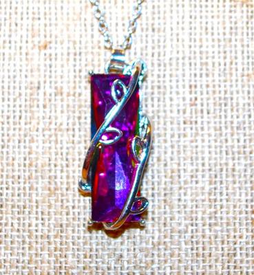Pinks, Green & Purples Long Rectangular "Wired" Prism PENDANT (1½" x ¾") on a Silver Tone Necklace Chain 17" L