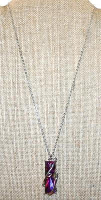 Pinks, Green & Purples Long Rectangular "Wired" Prism PENDANT (1½" x ¾") on a Silver Tone Necklace Chain 17" L