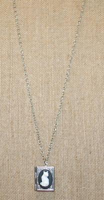 White Cat OPEN Style Locket PENDANT (1" x ¾") on a Silver Tone Necklace Chain 20" L