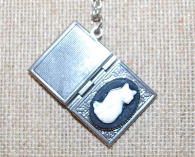 White Cat OPEN Style Locket PENDANT (1" x ¾") on a Silver Tone Necklace Chain 20" L