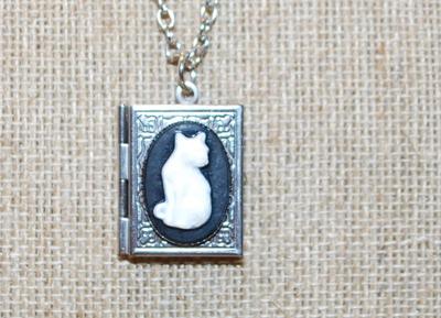 White Cat OPEN Style Locket PENDANT (1" x ¾") on a Silver Tone Necklace Chain 20" L