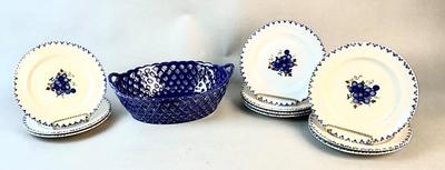 1185 Royal Copenhagen Alumnia Faience Grapes Denmark Pottery Plates with MMA Reticulated Blue Bowl