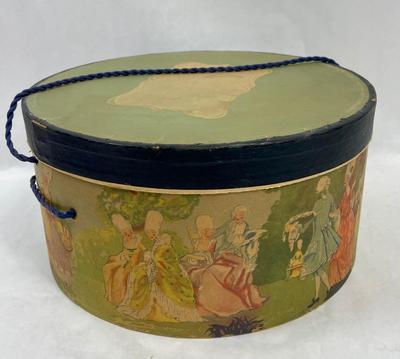 Antique / Vintage Round Cardboard Hat Box 1920's Garden Party Graphics