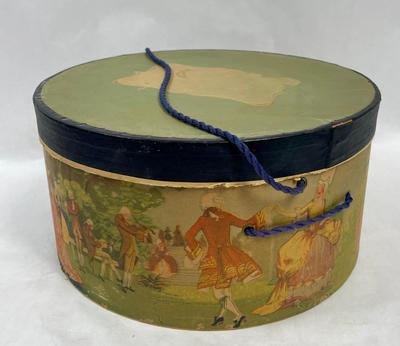 Antique / Vintage Round Cardboard Hat Box 1920's Garden Party Graphics